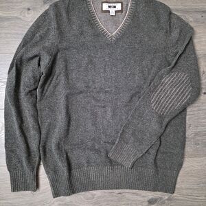 Joseph Abboud Men's V-Neck Sweater in Gray/Green with Tan Trim